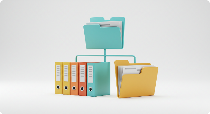 색깔별 라벨이 붙은 정리된 폴더와 문서들을 표현한 3D 아이콘