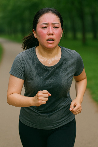 조깅 후 땀으로 얼굴이 붉어진 한국인 여성