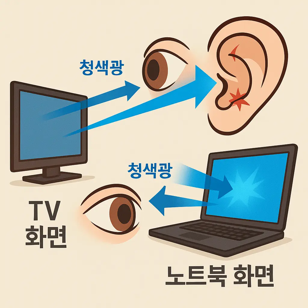 TV-화면과-노트북-화면에서-발산된-청색광이-눈에-도달하여-노트북-쪽이-더-강한-눈-피로-표시를-유발하는-비교-인포그래픽