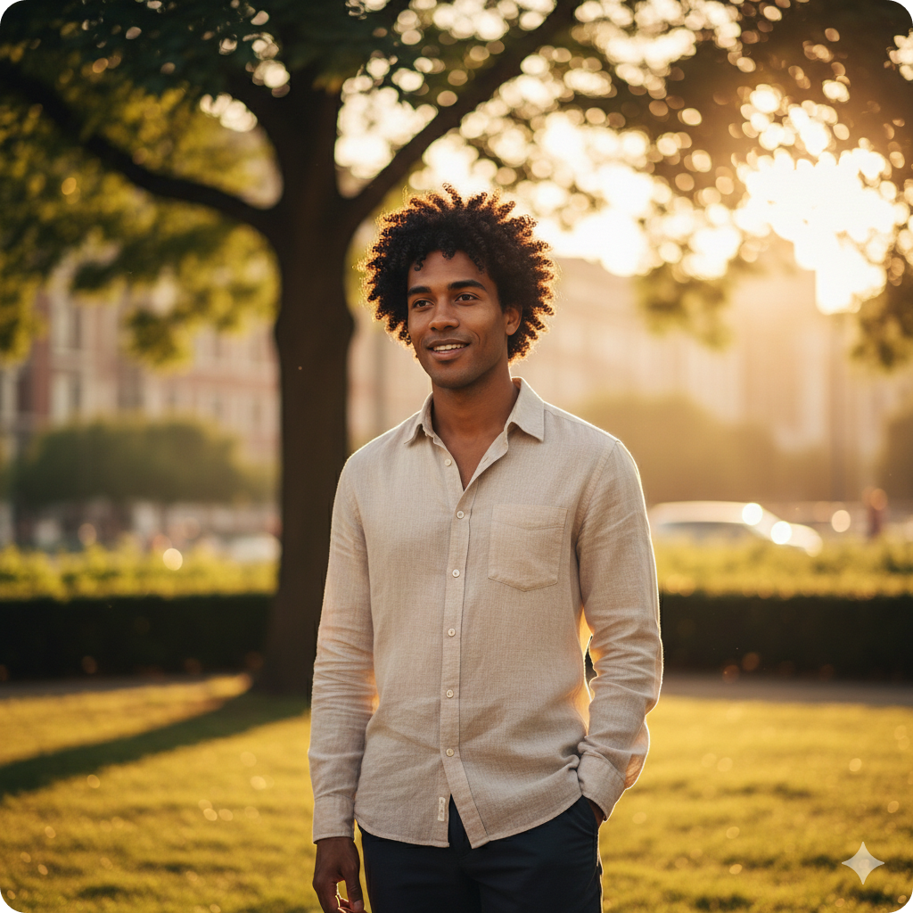 완벽하게 세팅된 내추럴 곱슬 헤어스타일을 한 남성이 야외에서 햇빛을 받는 모습