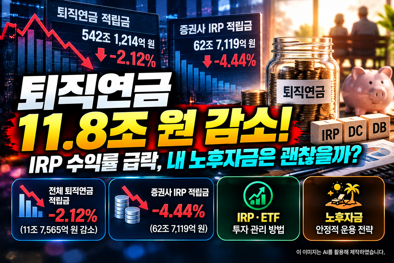 2026년 3분기 국내 퇴직연금 적립금 11조 7,565억 원 감소와 증권사 IRP 적립금 4.44% 하락, 퇴직연금 ETF 투자 및 노후자금 관리 방법을 설명하는 이미지