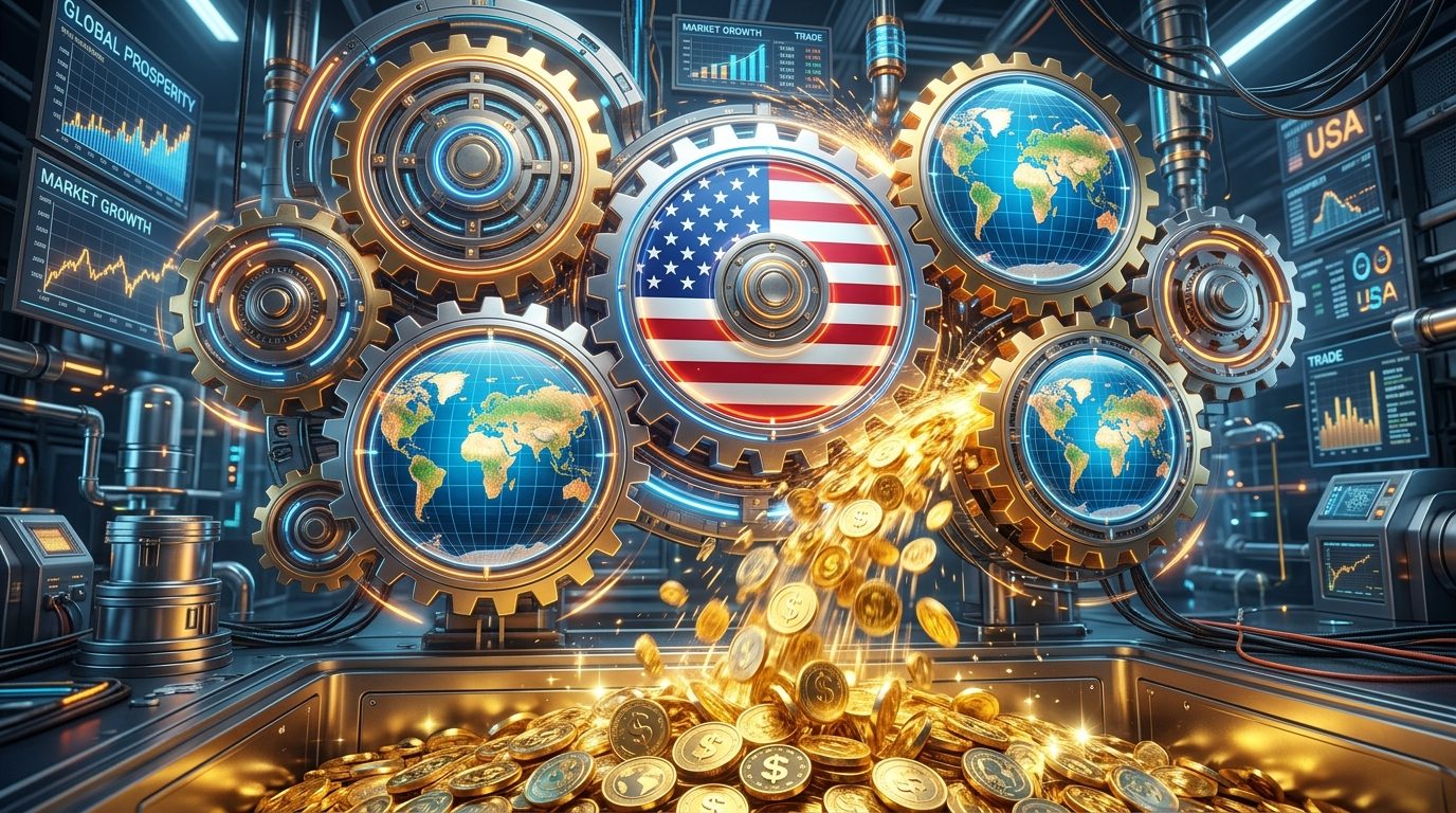 미국 국기(성장성)와 전 세계 지도(안정성)가 톱니바퀴처럼 맞물려 돌아가며 황금 동전을 쏟아내는 기계 장치 3D 일러스트