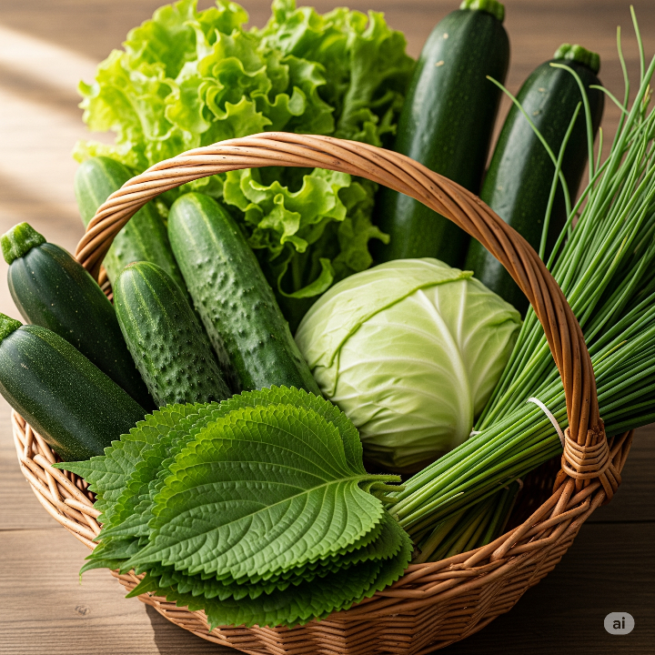 소쿠리에 싱싱한 깻잎, 양배추, 상추, 애호박, 오이 등이 담겨 있습니다.
