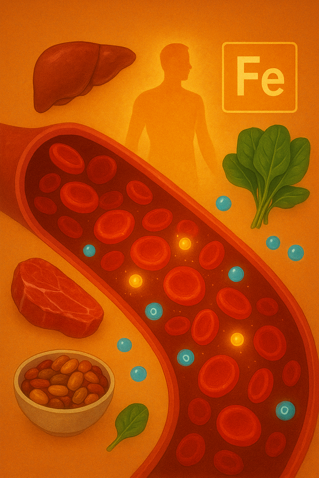 철분이 풍부한 음식(붉은 고기, 간, 시금치, 콩류)