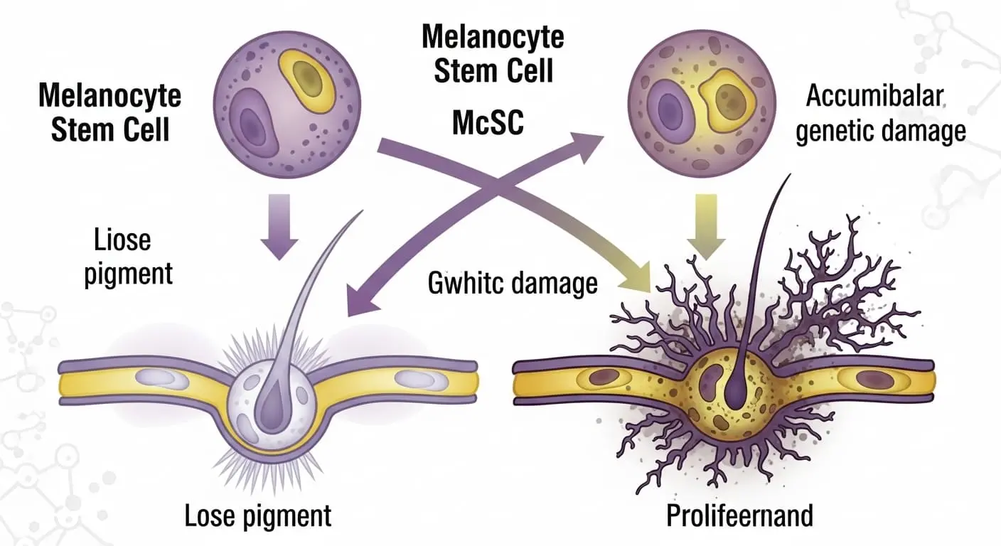 스트레스-받은-멜라닌세포-줄기세포(McSC)가-흰머리로-변하거나(색소-소실)-암세포처럼-증식하는-두-가지-운명을-보여주는-개념도
