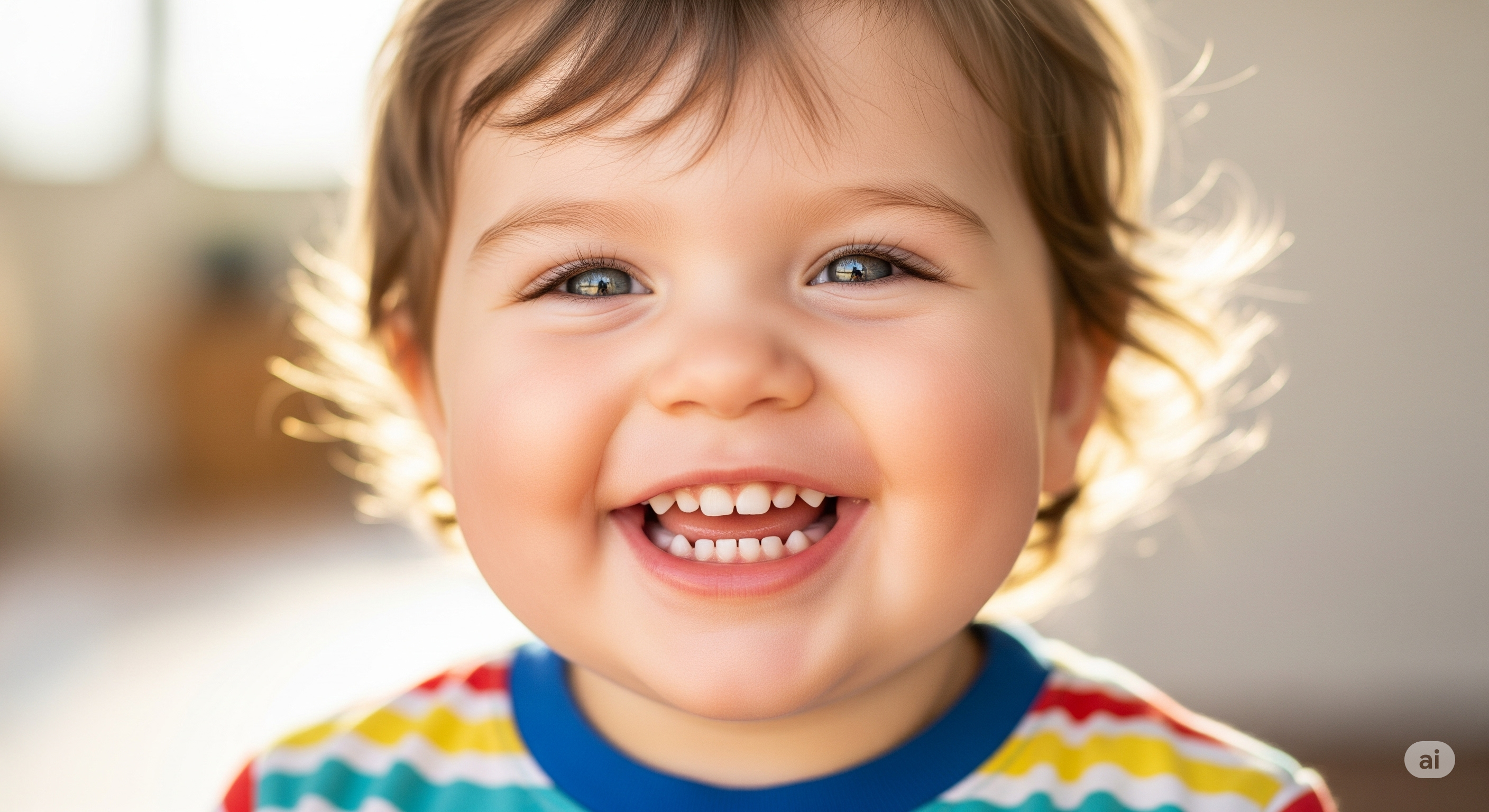 영아가 치아를 드러내며 웃고 있는 사진