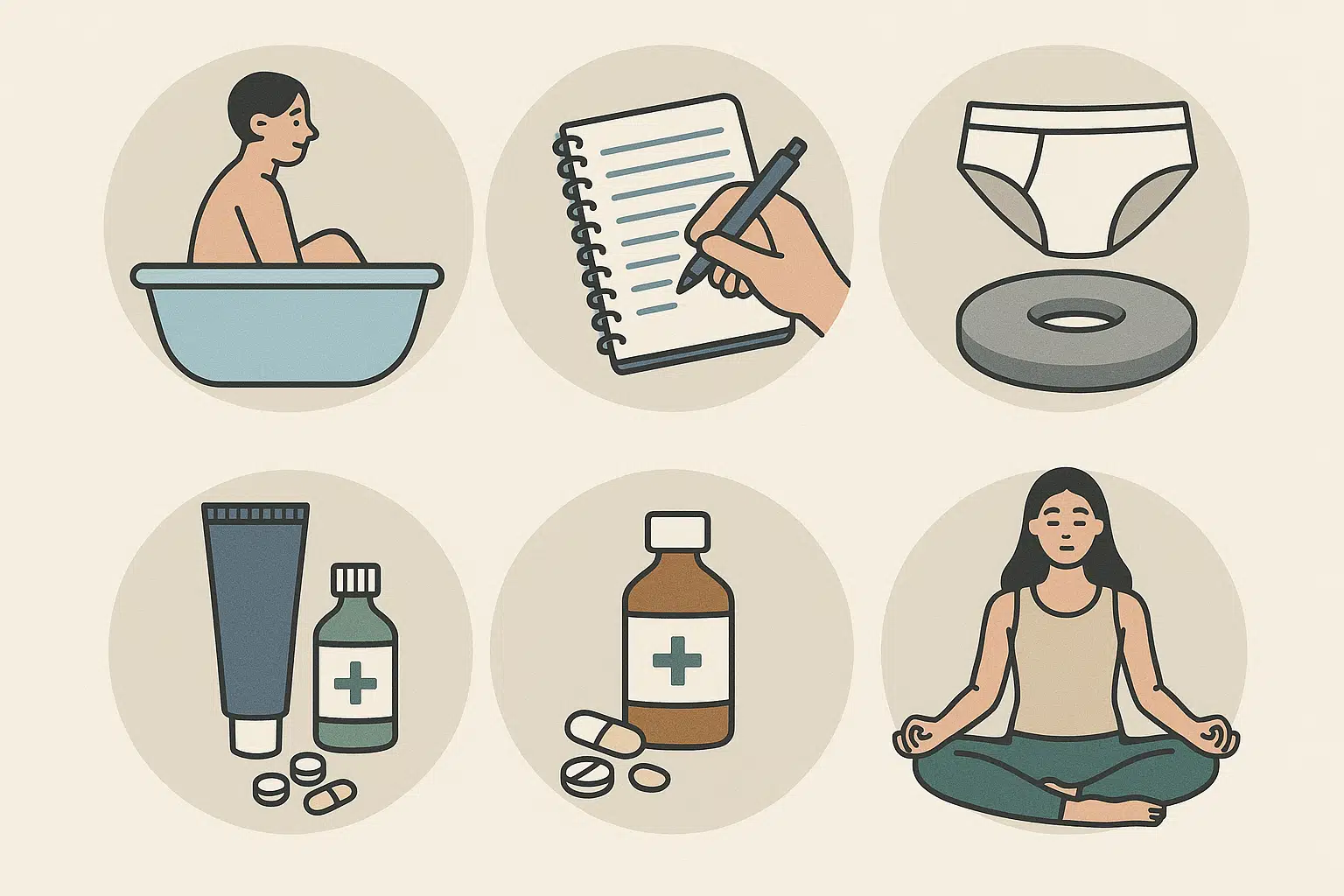 항문 통증 관리법, 미지근한 물 좌욕, 증상 기록 일기 작성, 자극 최소화(면 속옷, 쿠션 사용), 의약품 사용(항염&middot;항진균제), 스트레스 관리(요가&middot;명상)