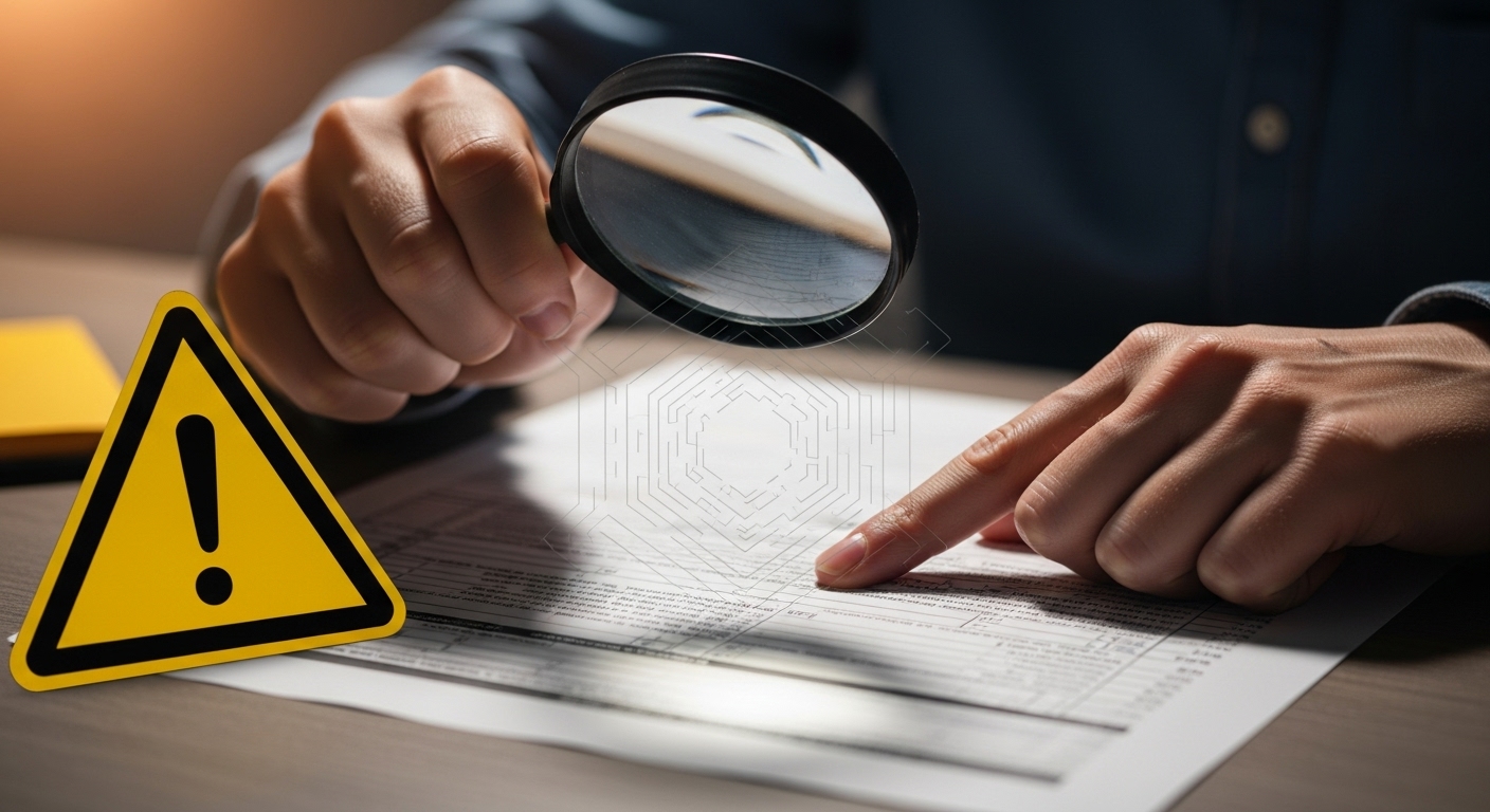 확대경으로 세금 서류를 꼼꼼히 확인하는 손과 경고 표시가 있는 이미지로, 정책의 주의사항을 강조한다.