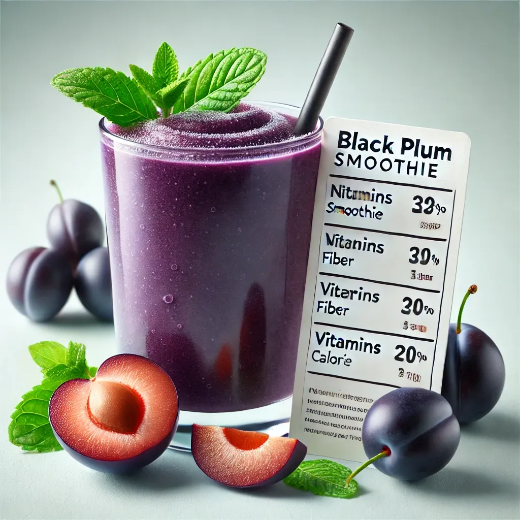 흑매실 스무디가 유리잔에 담겨 민트 잎과 흑매실 슬라이스로 장식된 모습