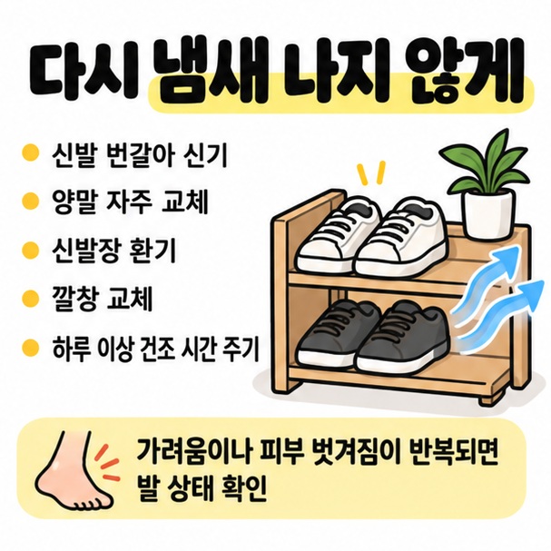 신발을 번갈아 신고 양말 교체와 신발장 환기를 실천하는 모습을 보여주는 그림