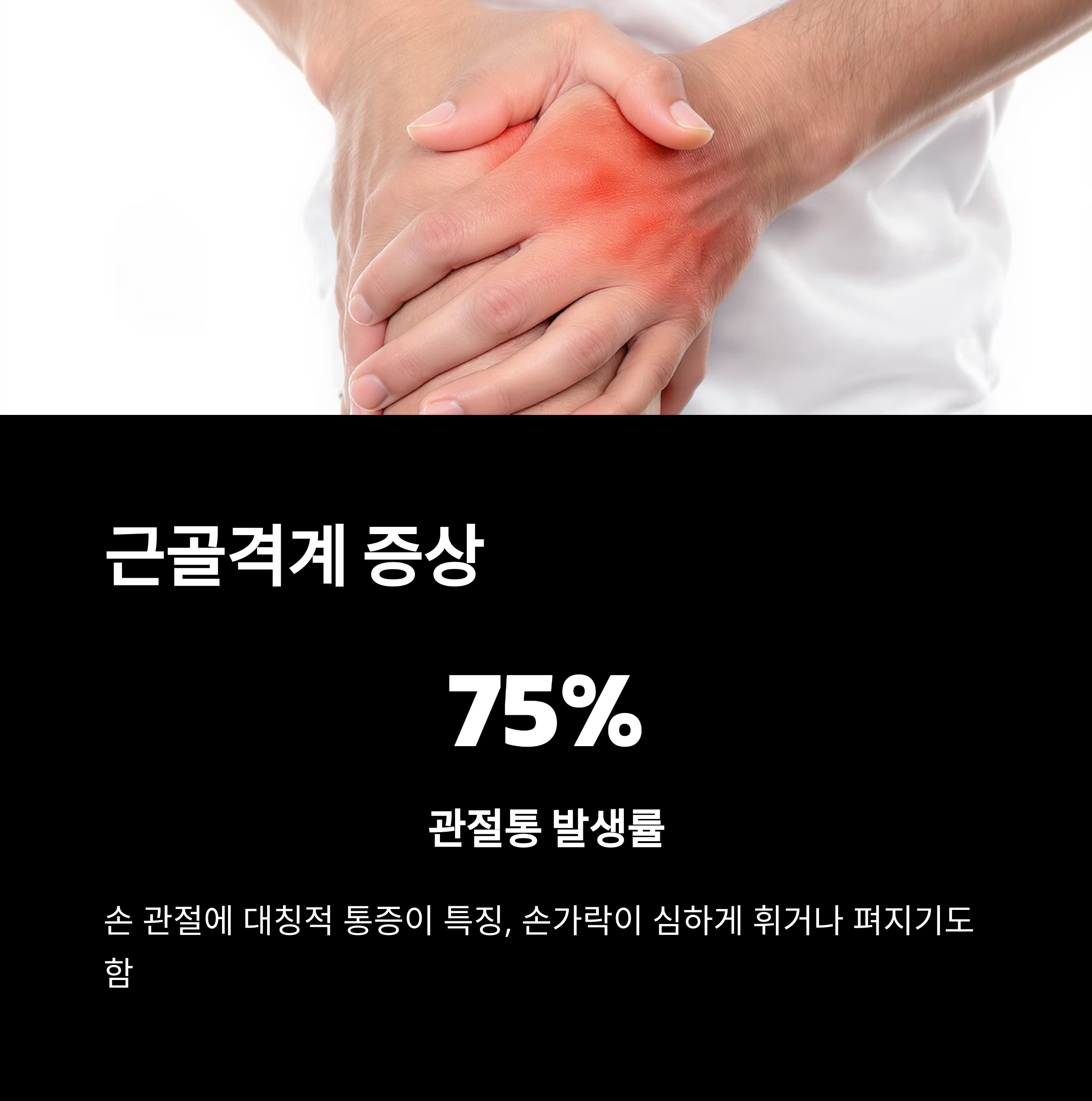 손 관절 통증 이미지를 배경으로 루푸스병의 근골격계 증상과 관절통 발생률 75%를 강조한 인포그래픽