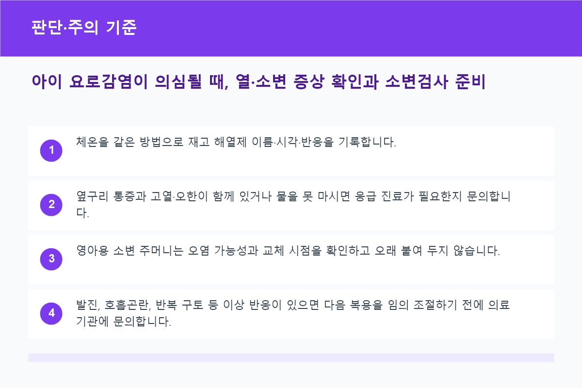 아이 요로감염이 의심될 때, 열·소변 증상 확인과 소변검사 준비 판단·주의 기준 정보 이미지