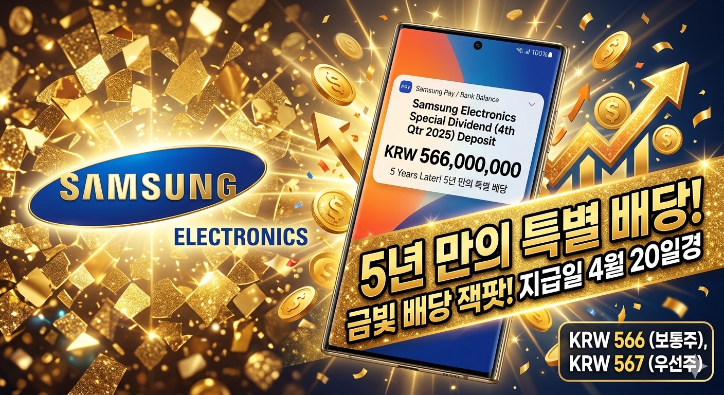 삼성전자 로고와 갤럭시 스마트폰 화면에 나타난 '5년 만의 특별 배당금 입금 알림' 메시지. 황금색 배경에 '5년 만의 특별 배당!', '지급일 4월 20일경', '보통주 566원 / 우선주 567원' 텍스트가 화려하게 장식된 블로그 썸네일 이미지