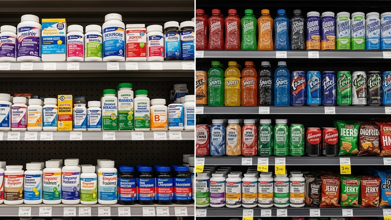 약국 선반과 편의점 매대의 숙취해소제 제품 비교