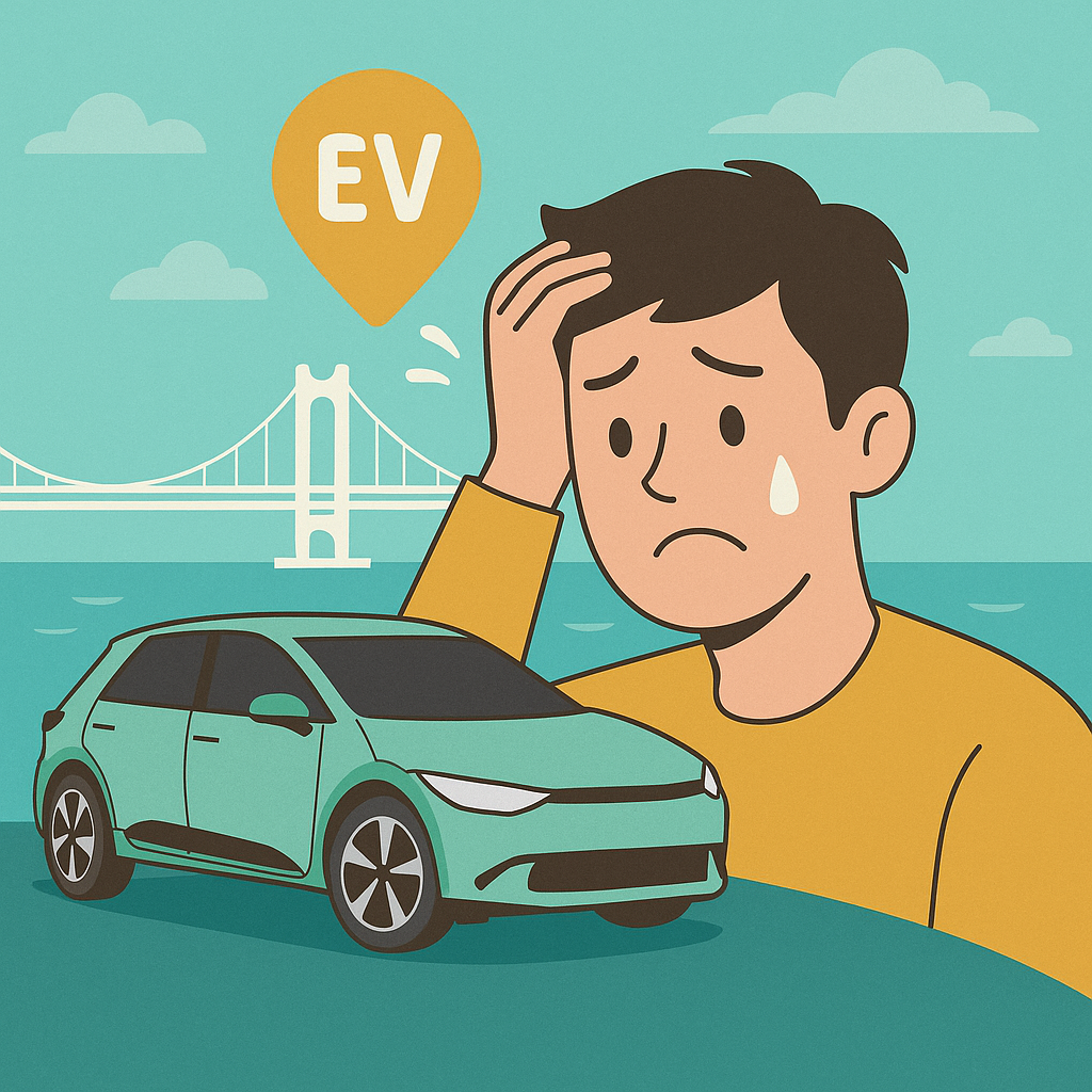 보조금을 놓친 청년이 전기차 앞에서 실망한 표정을 짓는 장면