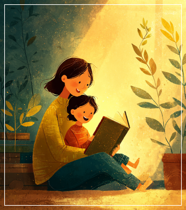 ` 엄마와 아이가 ORT 책을 함께 읽고 웃으며 행복해하는 모습. 주변에는 햇살이 비치고, 아이의 머리 위에는 '성장'을 상징하는 새싹 아이콘이 떠 있는 따뜻한 일러스트.