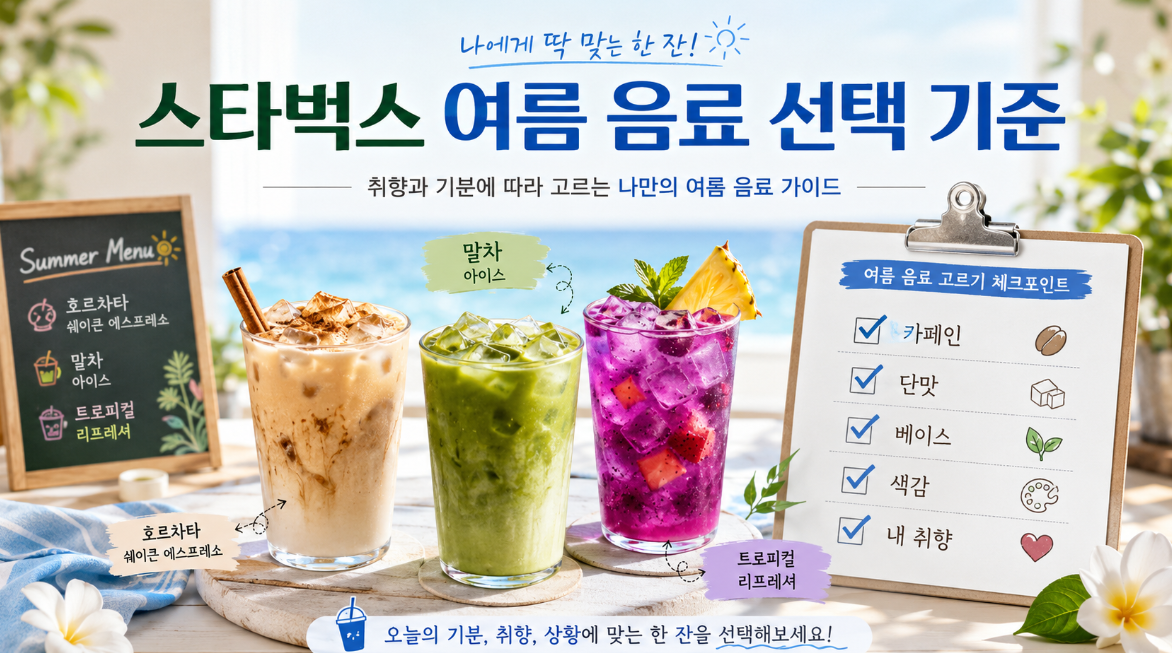 스타벅스 여름 음료를 고를 때 카페인, 단맛, 베이스, 색감, 취향을 확인하는 체크리스트 이미지