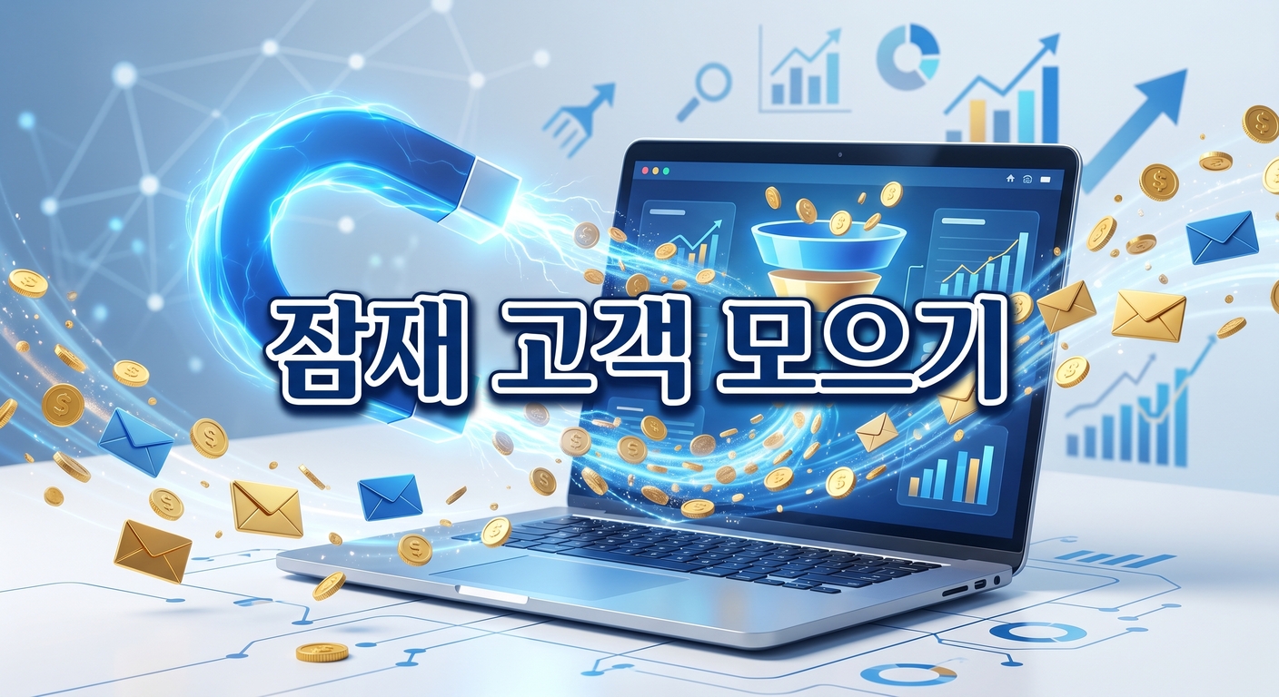 매끄러운 노트북 화면 쪽으로 작은 금화들과 편지봉투 아이콘들을 끌어당기는 빛나는 파란색 자석의 3D 일러스트 배경에, 짙은 그림자와 외곽선으로 선명하게 강조된 '잠재 고객 모으기'라는 한글 문구가 중앙에 적힌 이미지