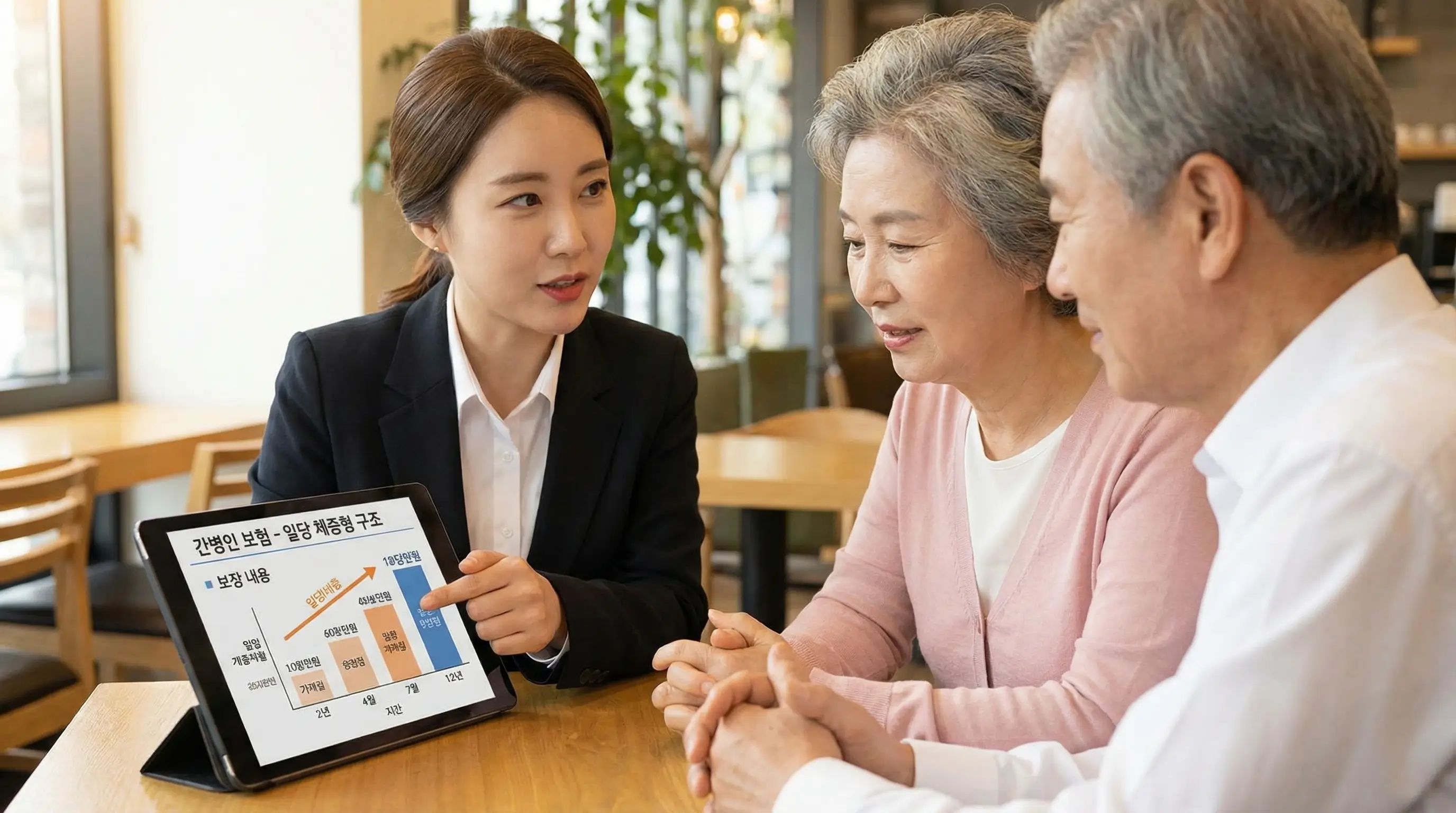 보험 설계사가 태블릿으로 간병인 보험 상품의 보장 내용과 일당 체증형 구조를 설명하는 모습