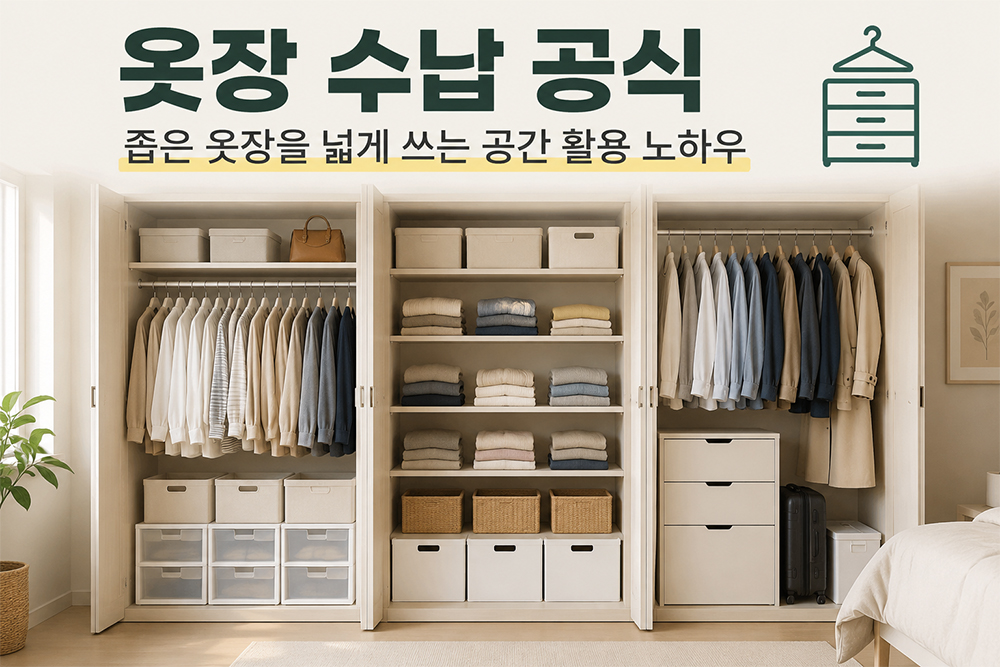 좁은 옷장을 효율적으로 정리한 수납 예시로 상단 선반, 행거, 접이 수납, 서랍을 활용해 공간을 넓게 사용하는 옷장 수납 공식 이미지