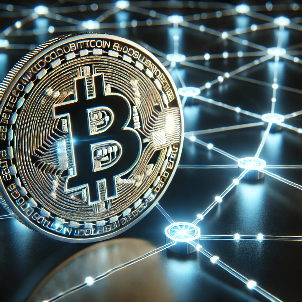 "블록체인 노드와 연결된 비트코인 코인이 중앙에 확대되어 나타나며, 주변에는 빛나는 파란색과 흰색의 네트워크 라인이 그리드 형태로 펼쳐짐. 배경은 어두운 블루와 블랙 톤으로 구성되어 하이테크와 미래적인 느낌을 강조."