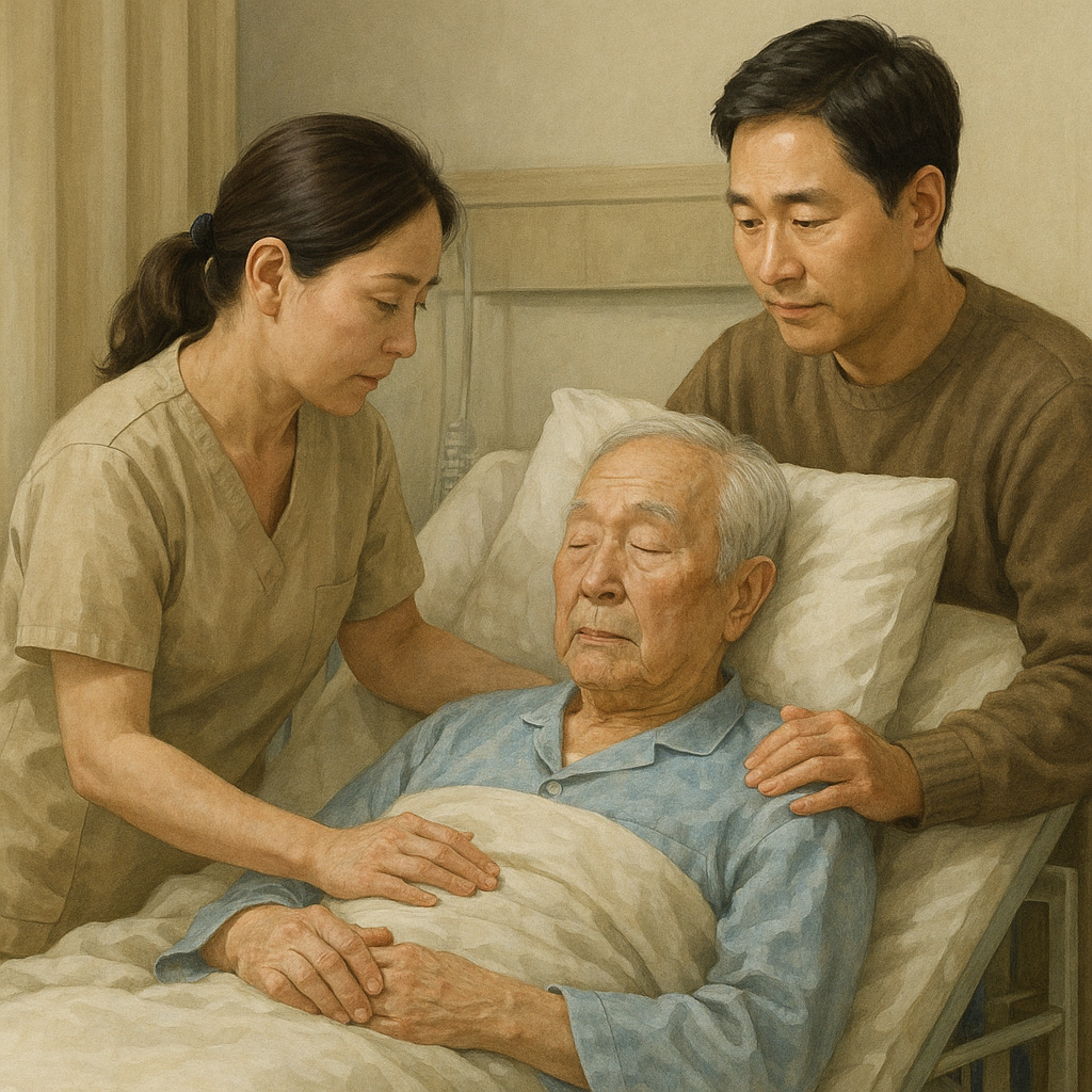 요양병원 병실에서 노인이 침대에 누워 있고 간병인이 돌보며 가족이 옆에서 지켜보는 장면