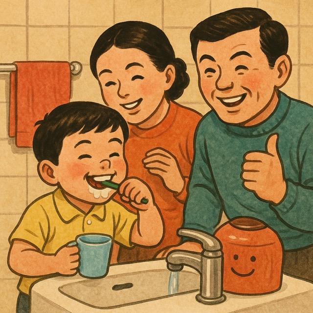 세면대에서 컵으로 양치질을 하는 어린 아이와 그 옆에서 격려하는 부모가 등장하는 유쾌한 수절(수도 절약) 장면