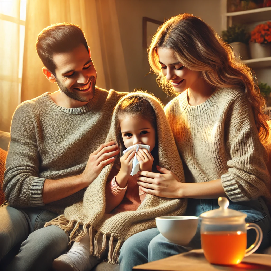 어린이가 감기 치료를 받는 따뜻하고 안전한 분위기의 장면