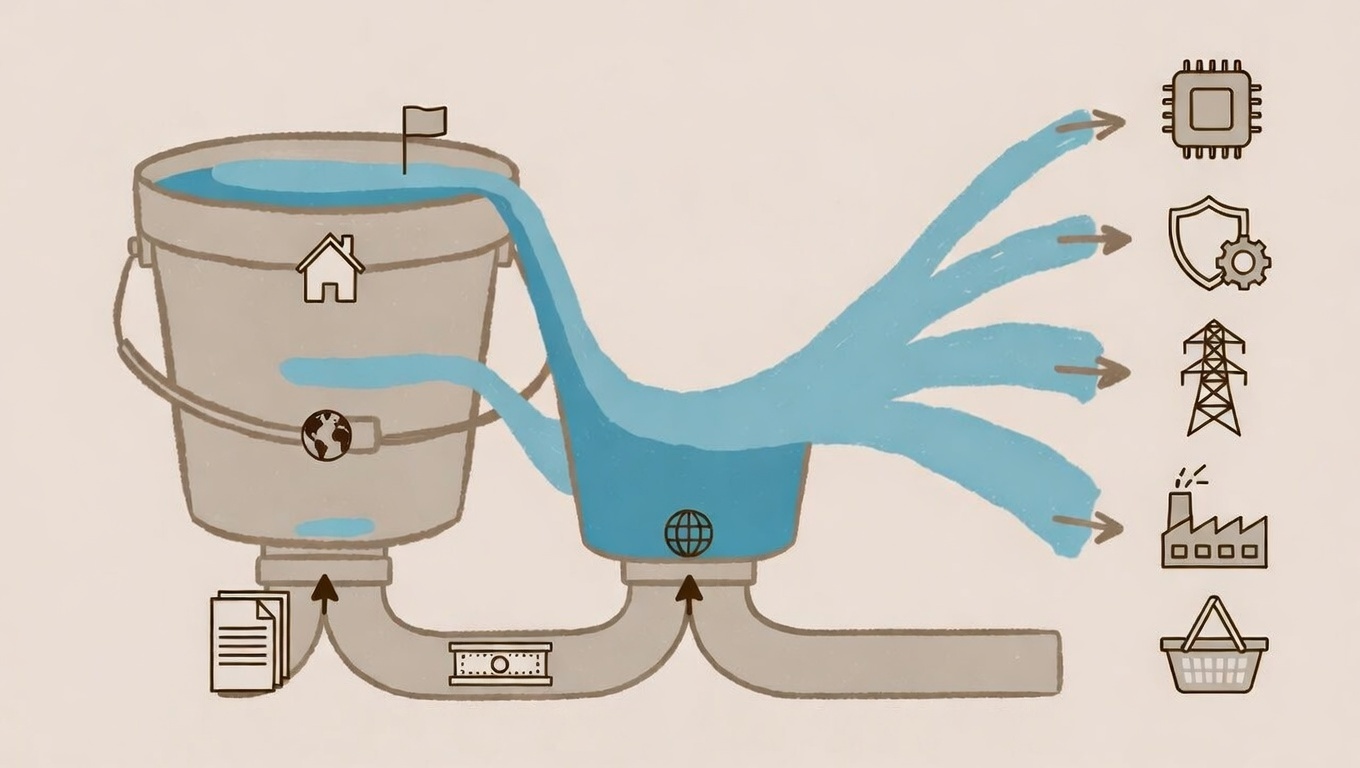 세 양동이 유동성이 산업으로 흐름