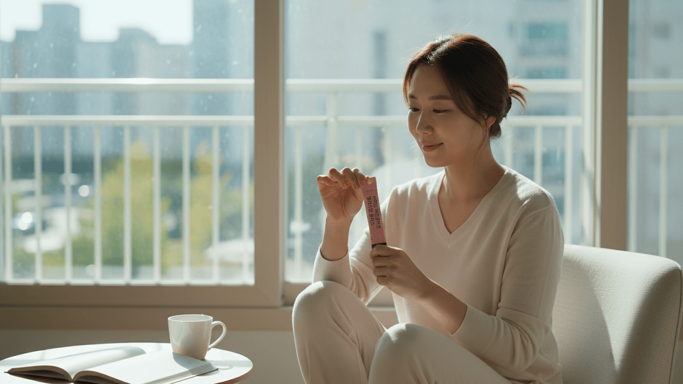 햇살이 들어오는 거실에서 콜라겐 스틱 제품을 손에 들고 섭취 준비를 하는 여성의 라이프스타일 이미지