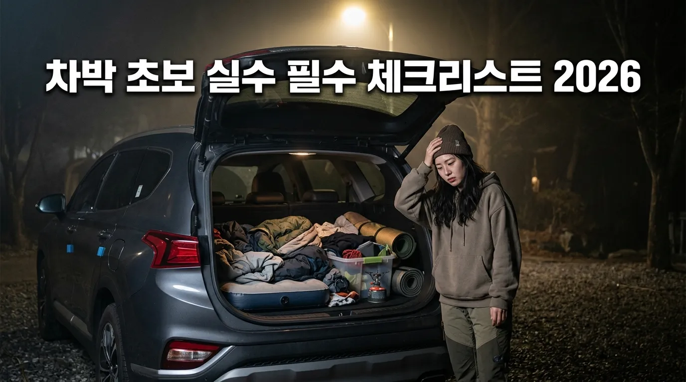 어두운 밤 차량 트렁크를 열고 당황한 표정으로 서 있는 차박 초보