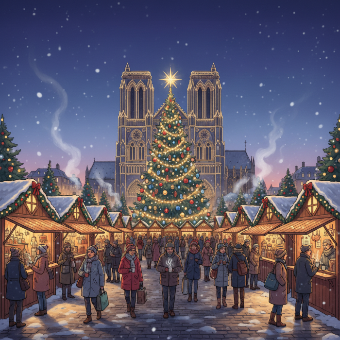 2025년 겨울 유럽의 크리스마스 마켓 풍경. 화려한 조명과 장식으로 꾸며진 목조 가판대들, 눈 덮인 지붕, 그리고 따뜻한 겨울옷을 입은 사람들이 활기차게 오가는 모습. 뒤편으로는 웅장한 유럽식 건축물이 빛나고 거대한 크리스마스트리가 중앙에 자리 잡고 있어 유럽 겨울 여행의 낭만과 설렘을 고스란히 담아낸다.