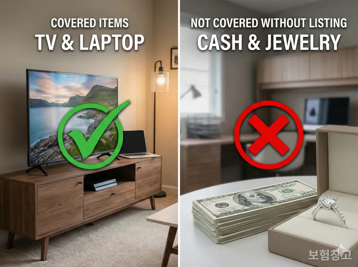 보험으로 보상받을 수 있는 가전제품과 보상받기 어려운 현금 및 귀중품 비교