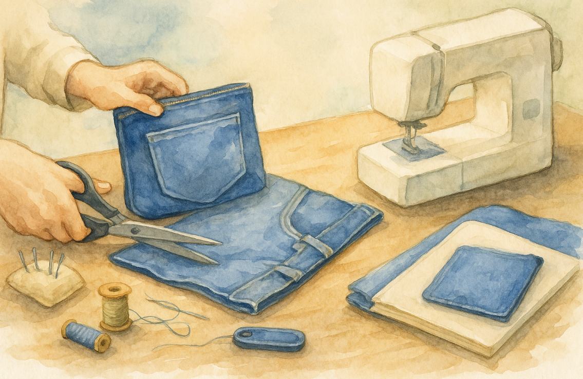 안 입는 청바지를 재활용해 파우치를 만드는 모습