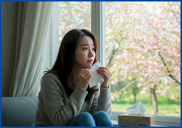 창밖의 아름다운 봄 풍경을 바라보며 계절성 알레르기 때문에 괴로워하는 젊은 한국 여성의 모습.