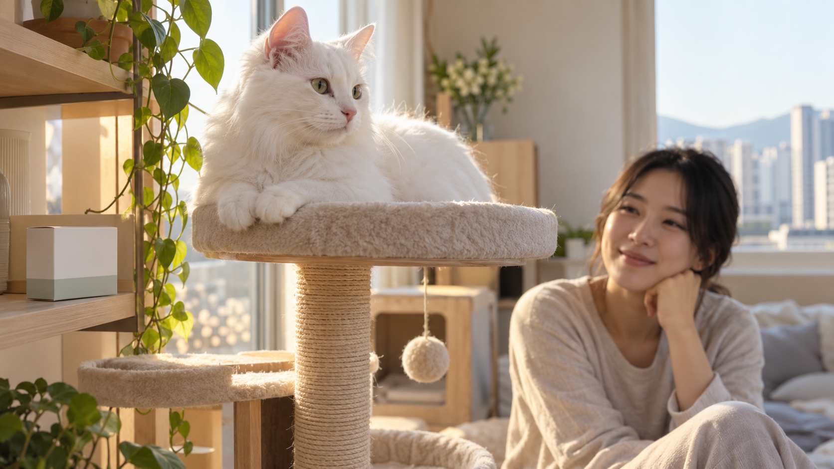 투약을 마치고 캣타워에서 쉬는 흰 고양이