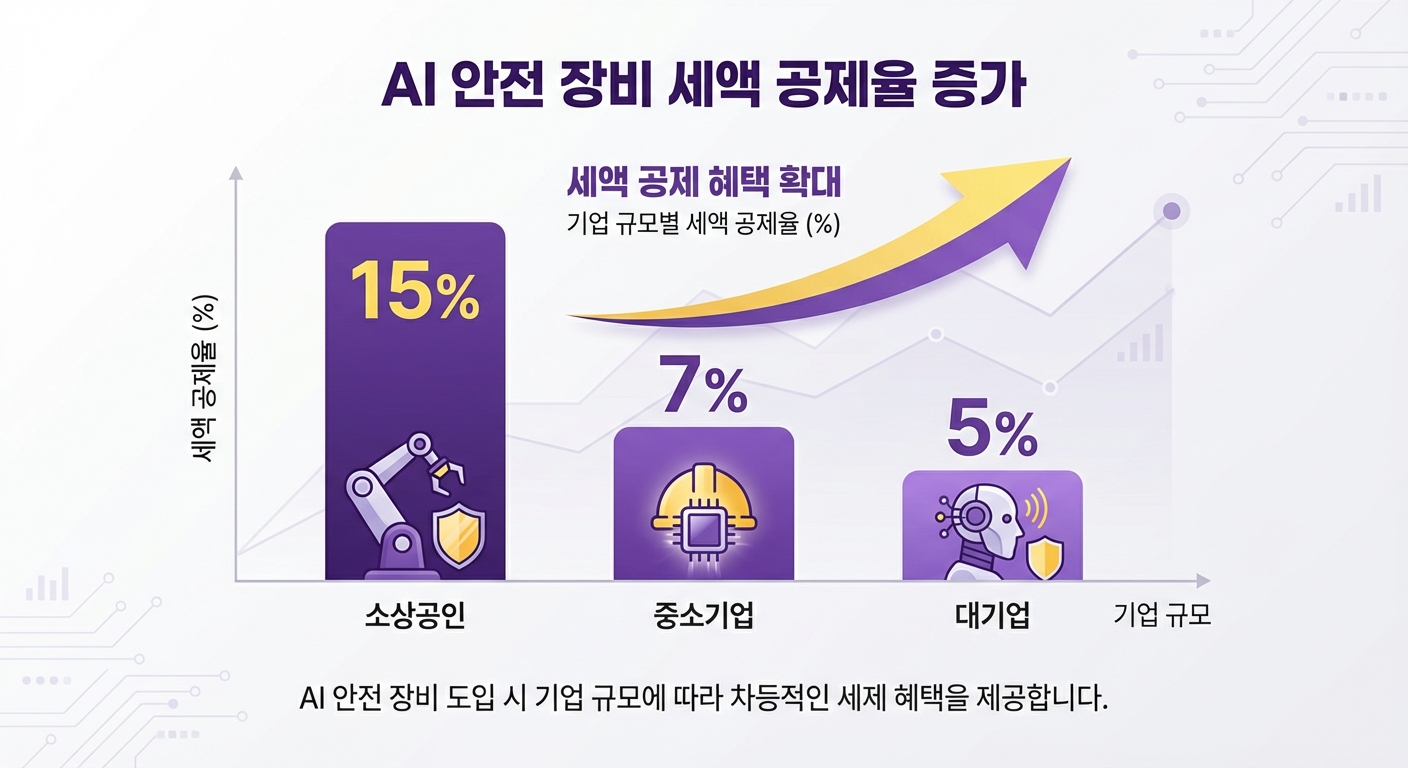 중소기업, 중견기업, 대기업별 AI 안전설비 투자 세액공제율을 나타내는 인포그래픽