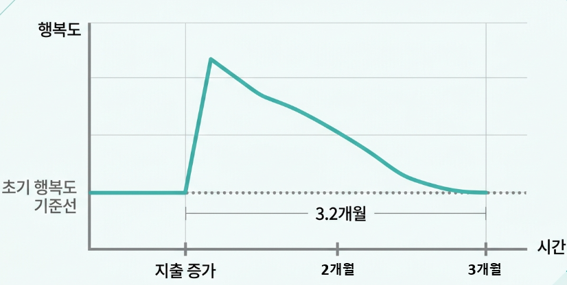 소비 증가 후 행복감 변화 &mdash; 평균 3.2개월 후 원점 복귀하는 쾌락 적응 곡선