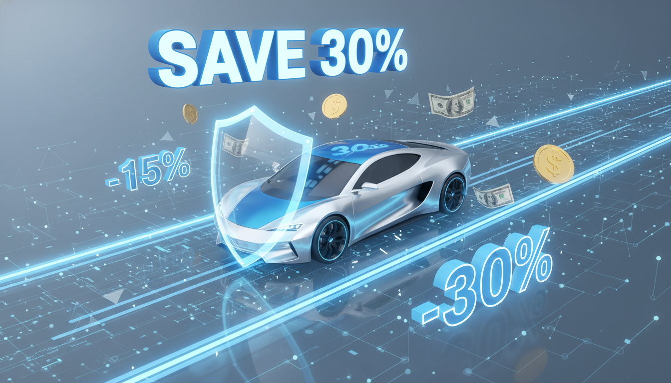 2026년 자동차 보험료 30% 절약을 상징하는 푸른빛의 3D 자동차와 방패, 할인 기호 일러스트