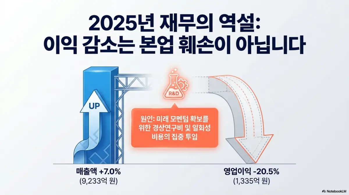 솔브레인 주가 전망: 매출은 오르고 영업이익은 내려가는 화살표로 &amp;#39;2025년 재무의 역설&amp;#39;을 표현한 이미지. 매출액 +7.0%&amp;#44; 영업이익 -20.5%의 원인이 본업 훼손이 아니라 미래 모멘텀 확보를 위한 경상연구비와 일회성 비용 집중 투입임을 시각적으로 전달하며&amp;#44; 블로그의 솔브레인 실적 분석과 관련된 내용을 설명함