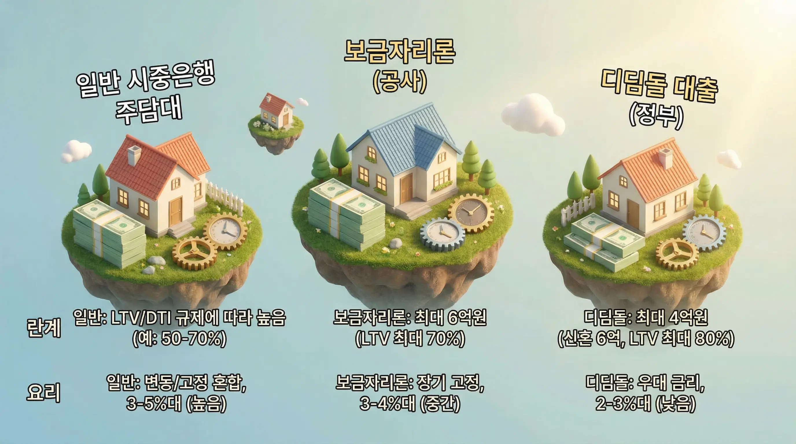주택 담보 대출의 종류별 한도와 금리를 비교하는 3D 인포그래픽