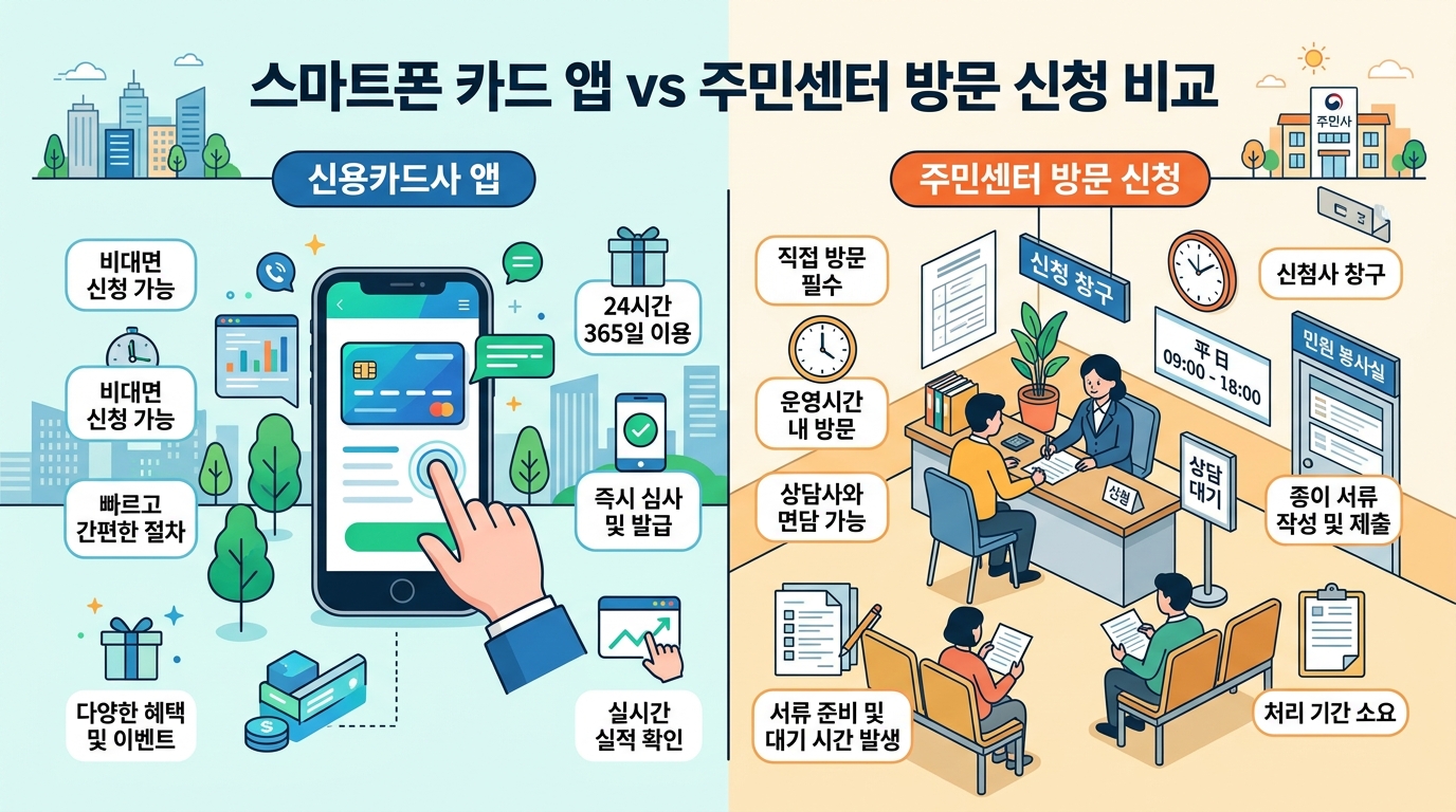 신용카드 홈페이지, 지역사랑상품권 앱, 행정복지센터 방문 접수 안내 그래픽