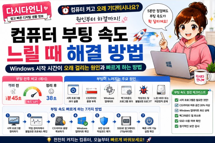 컴퓨터 부팅 속도 느릴 때 해결 방법｜Windows 시작 시간이 오래 걸리는 원인과 빠르게 하는 방법