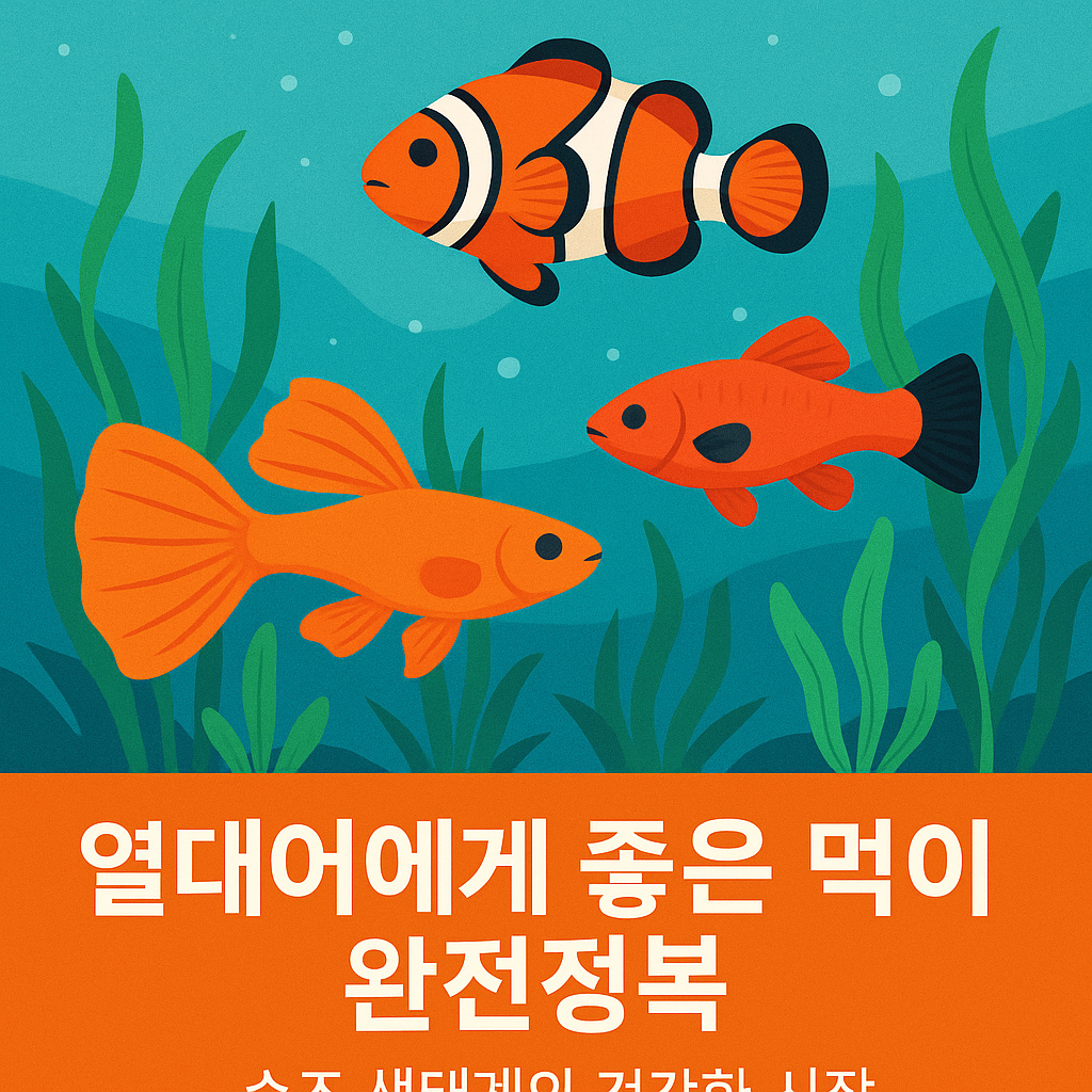 푸른 수조 배경 속에서 초록 수초 사이를 유영하는 주황색 구피와 플래티, 오렌지색 클라운피시가 등장하고, 하단에는 ‘열대어에게 좋은 먹이 완전정복 – 수조 생태계의 건강한 시작’이라는 한글 문구가 주황색 배경에 흰 글씨로 강조된 정보성 그래픽 이미지