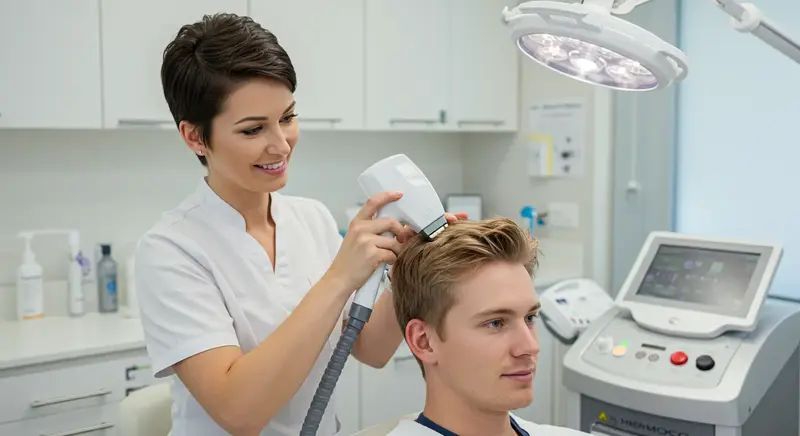 탈모 치료를 위해 병원에서 레이저 기기를 사용하는 모습