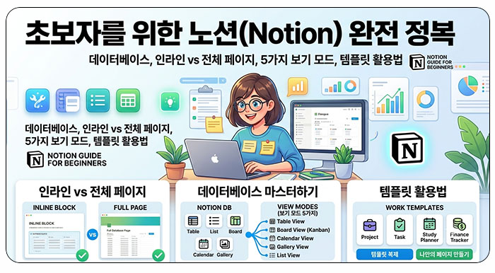 노션 데이터베이스 완전 정복: 인라인 vs 전체 페이지 비교부터 5가지 보기 모드, 템플릿 활용법까지