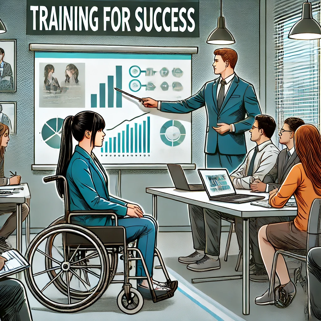 직장 훈련 세션에 휠체어를 탄 여성이 참여하고, 전문 트레이너가 프레젠테이션 슬라이드를 설명하는 모습