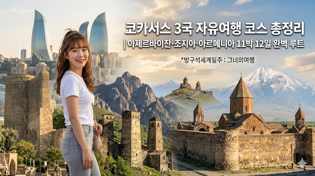 아제르바이잔 플레임 타워, 조지아 카즈베기 산맥, 아르메니아 아라라트 산이 웅장하게 합쳐진 코카서스 풍경을 배경으로 화면 좌측에 서 있는 한국 여성. 흰색 반팔티와 연한 그레이 청바지를 입고 있으며, 우측에는 '방구석세계일주 : 그녀의여행'이라는 시인성 높은 텍스트가 적혀 있음