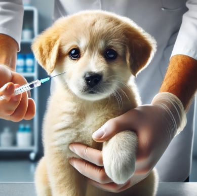 동물병원에서 리트리버 종류의 아기 강아지를 수의사가 왼쪽 손으로 강아지의 왼쪽 발을 잡고 있고 오른쪽 손으로 주사기를 들고 있음