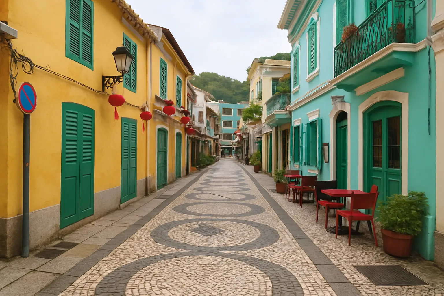 마카오 타이파 빌리지 거리 풍경 – 파스텔톤 건물과 포르투갈식 바닥 타일